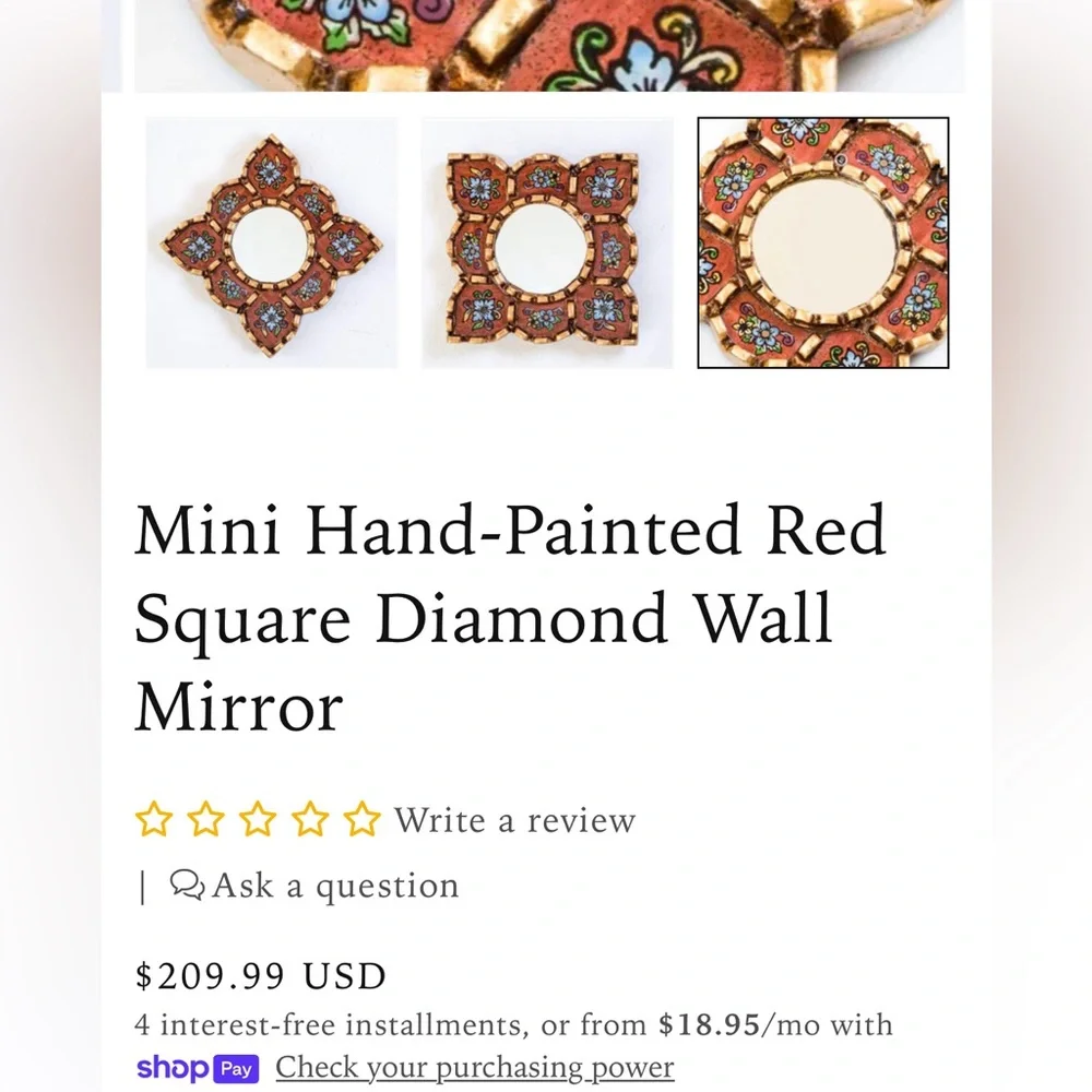 Mini Hand-Painted Red Square Diamond Wall Mirror - Made in Peru